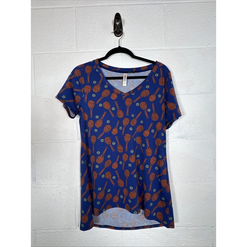 Lularoe Women’s V-Neck‎ Tee Shirt Tennis Racket Ball Print Size S Soft Stretch